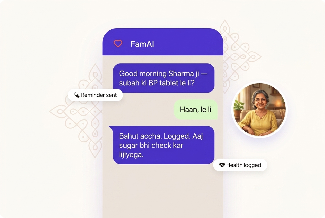 FamAI sending a medicine reminder on WhatsApp in Hindi