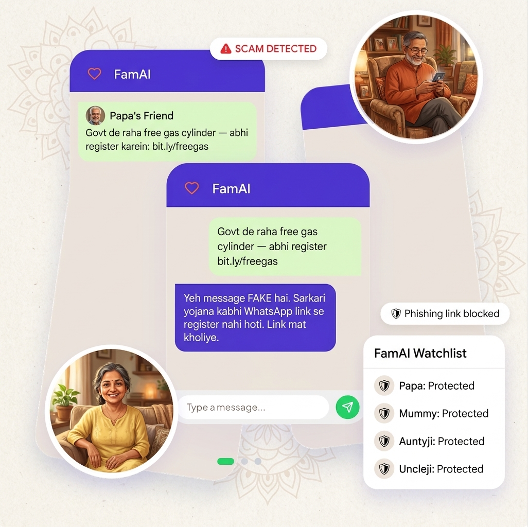FamAI flagging a fake message as a scam in Hindi on WhatsApp