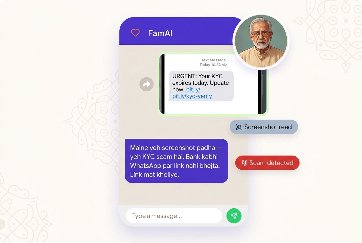 A parent forwards a fake KYC SMS screenshot to FamAI, which reads the text and flags it as a scam in Hindi